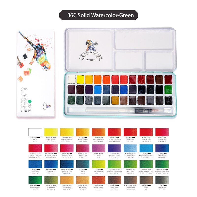 Meiliang-Conjunto de acuarelas portátil, caja de metal con paleta, pincel de pintura, herramientas de arte, 24/36 colores: 36 colors green box
