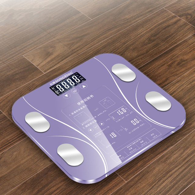 Badeværelse kropsfedt bmi vægt digital menneskelig elektronisk smart vægtvægt led digital engelsk funktion skærm usb charge: Lilla
