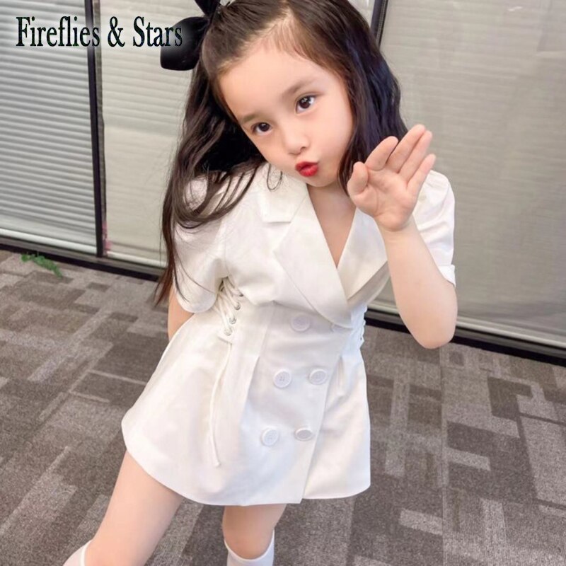 Costume d&#39;été pour filles, veste pour bébé, manteau, Blazer blanc, vêtements pour enfants, laçage à la taille, manches fines et douces plissées, pour enfants de 2 à 8 ans