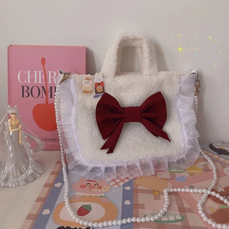 Japanischen y2k bogen frauen schulter tasche Harajuku Kawaii plüsch spitze eins neue leinwand Ulzzang perle kette frauen umhängetasche shpper tasche: Perle Gurt