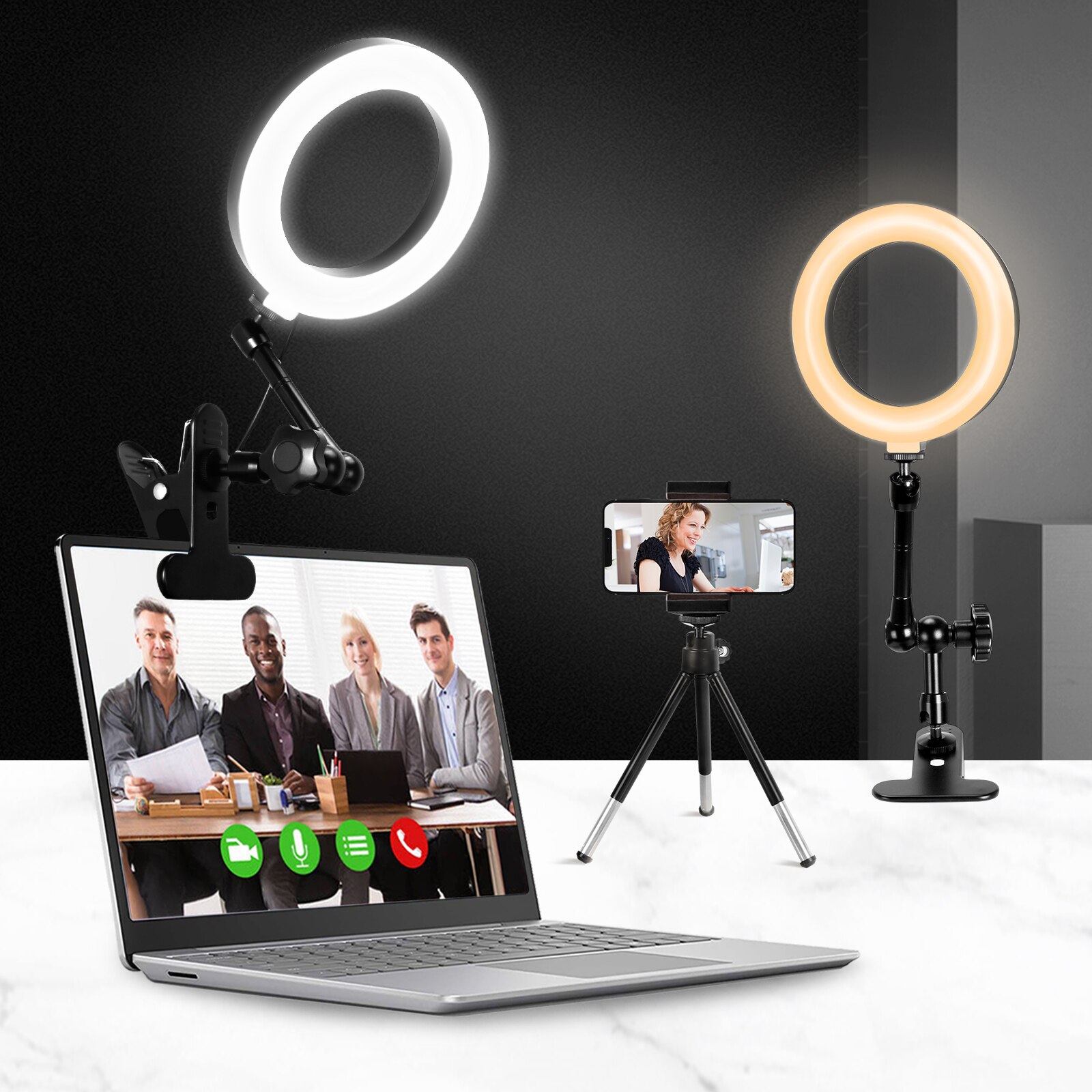 Ring Light for Laptop Computer Video with Clip&Overhead Tripod, LED Selfie 6" Light with Magic Arm&Phone Holder for iPhone
