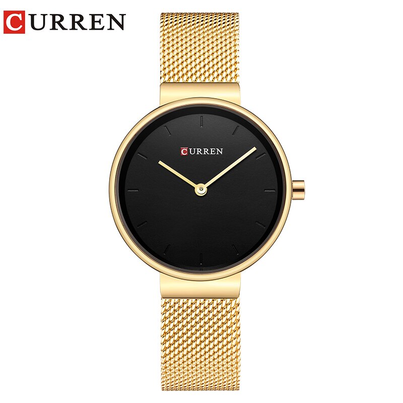 Curren casual eenvoudig quartz dameshorloge populair dameshorloge roestvrij staal montre femme relogio feminino: Goud zwart