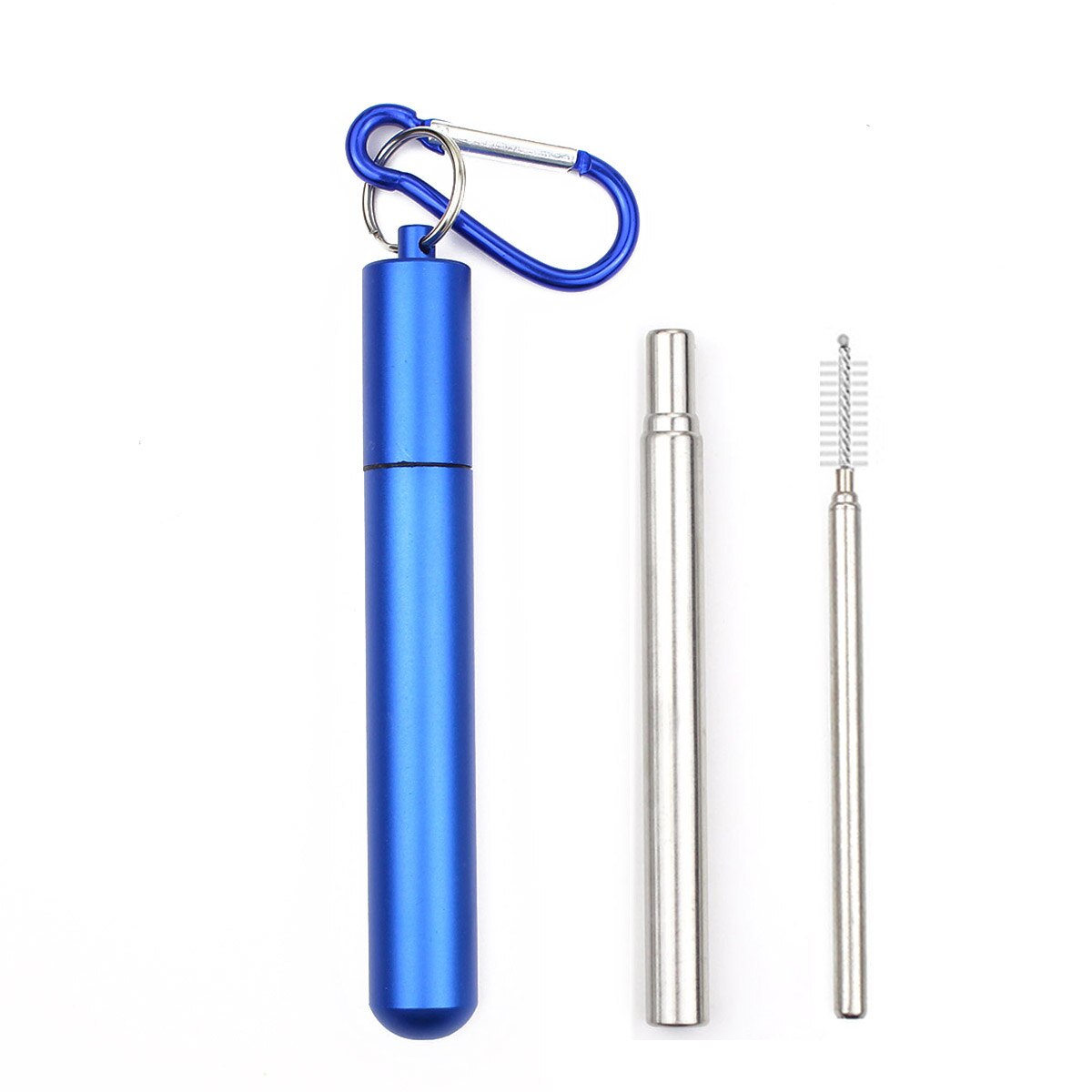 Reusable Stainless Steel Straws with Aluminum Keychain Case Cleaning Brush Collapsible Telescopic Portable Drinking Straws: Blue2-yuan