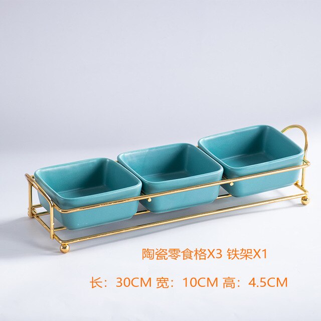 De cerámica bandeja de comida con divisores hogar fruta Bol para bocadillos bandeja de almacenamiento con soporte de hierro decoración de bandejas de ensalada: blue3