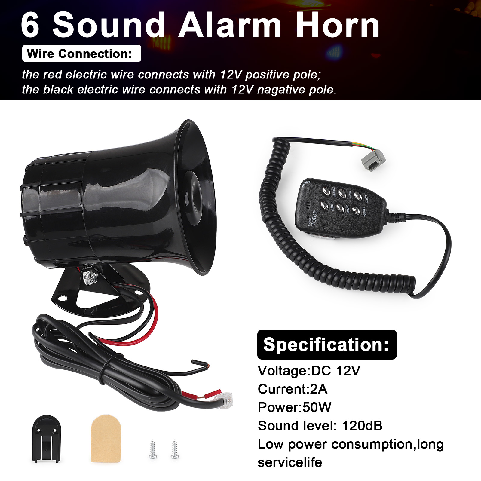 100W 6 Auto Car Truck Vehicle Speaker Warning Alarm SirenFire Ambulance Horn Loudspeaker Sound Tone Loud Horn Motorcycle