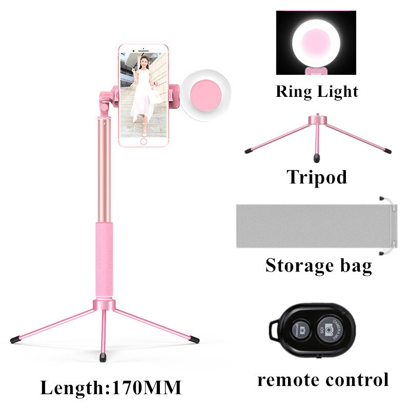 Selfie Stick LED Ring light Extendable live Tripod 1.7m Stand 4 in 1 With Monopod Phone Mount for iPhone X 8 Android smartphone: 1.7 Pink control