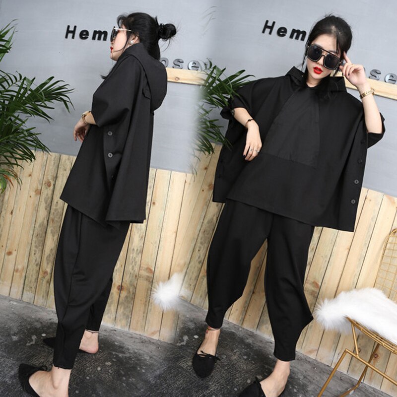 Black Hip Hop 2 Piece Set Autumn Oversized Tracksuit Hooded Tops + Harem Pants Women Suit Female Cloak Bat Shirt Clothing