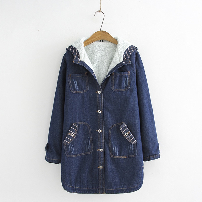 Grande taille hiver femmes jean avec fourrure longs manteaux à capuche femmes Parka femme veste en jean manteau en jean femmes Parka laine