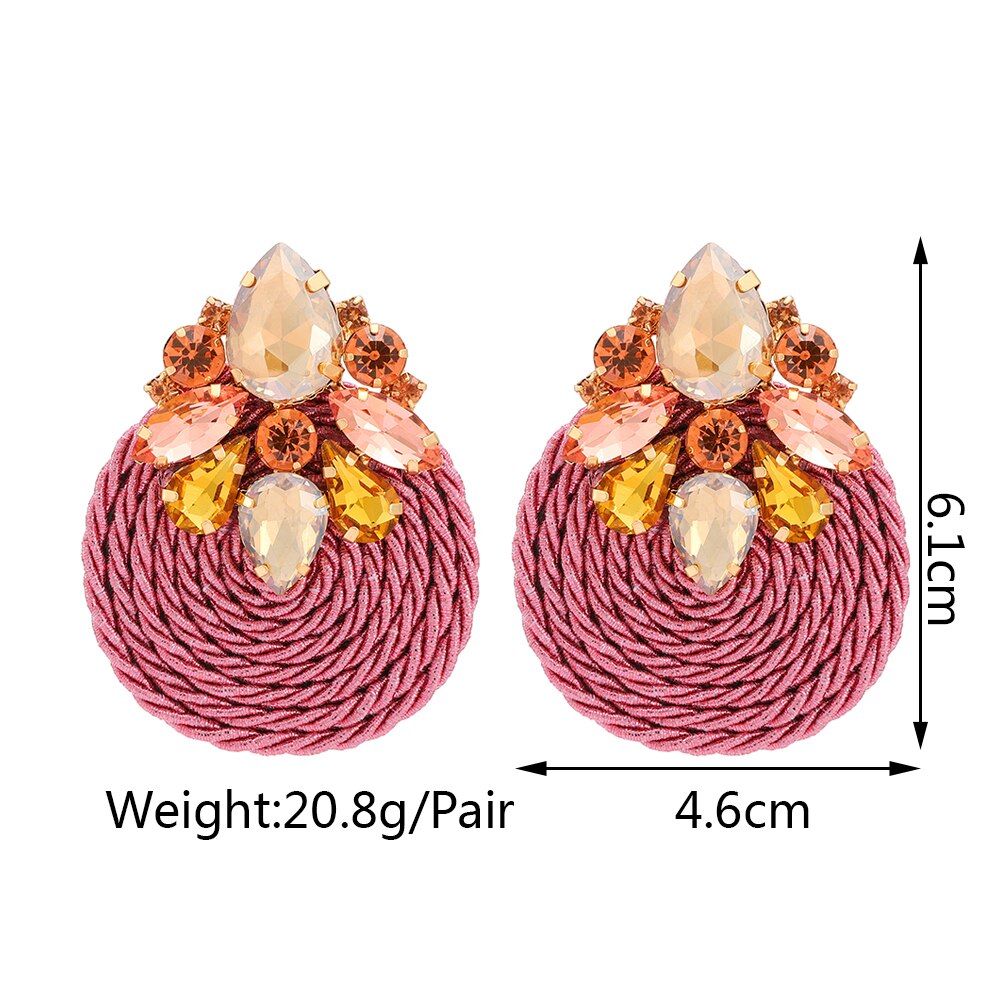 Ethnic Style Cotton Cord Weave Round Ear Accessories Vintage Sparkly Crystal Dangle Earrings For Women Luxury Jewelry