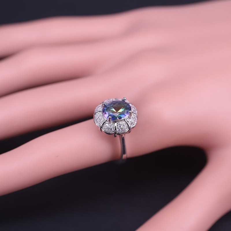 Zomer Stijl Regenboog Kubieke Zirkoon Zilveren Kleur Sieraden Set Voor Vrouwen Armband Ring Ketting Oorbel Set Snel !