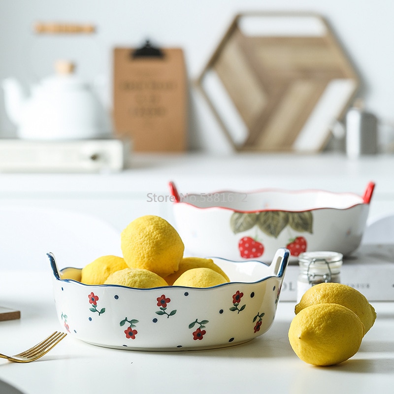 1pc Ceramic Salad Bowl with Double Handle Ramekin Baker Dinner Plate Pasta Tray Dishes Microwave Oven Safe Serving Plate