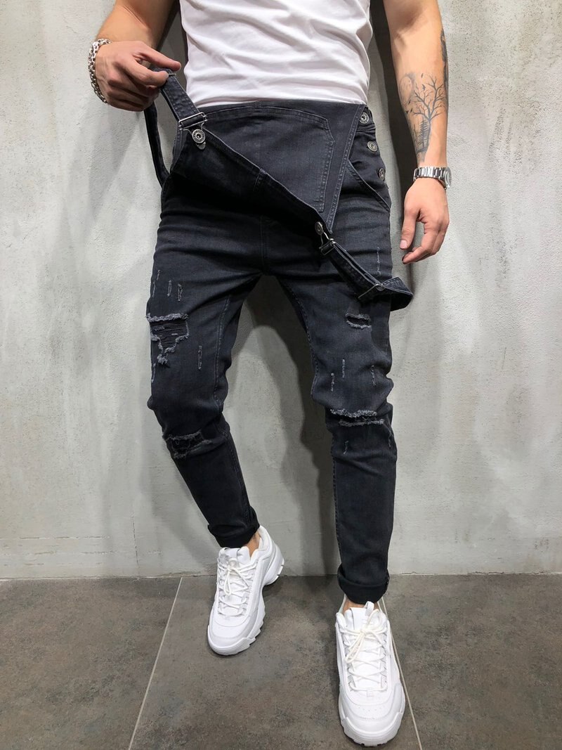 Män ripped cargo jeans jumpsuits distressed jeans haklappsbyxor overall man slim knä ripped hängselbyxor plus size s-xxxl