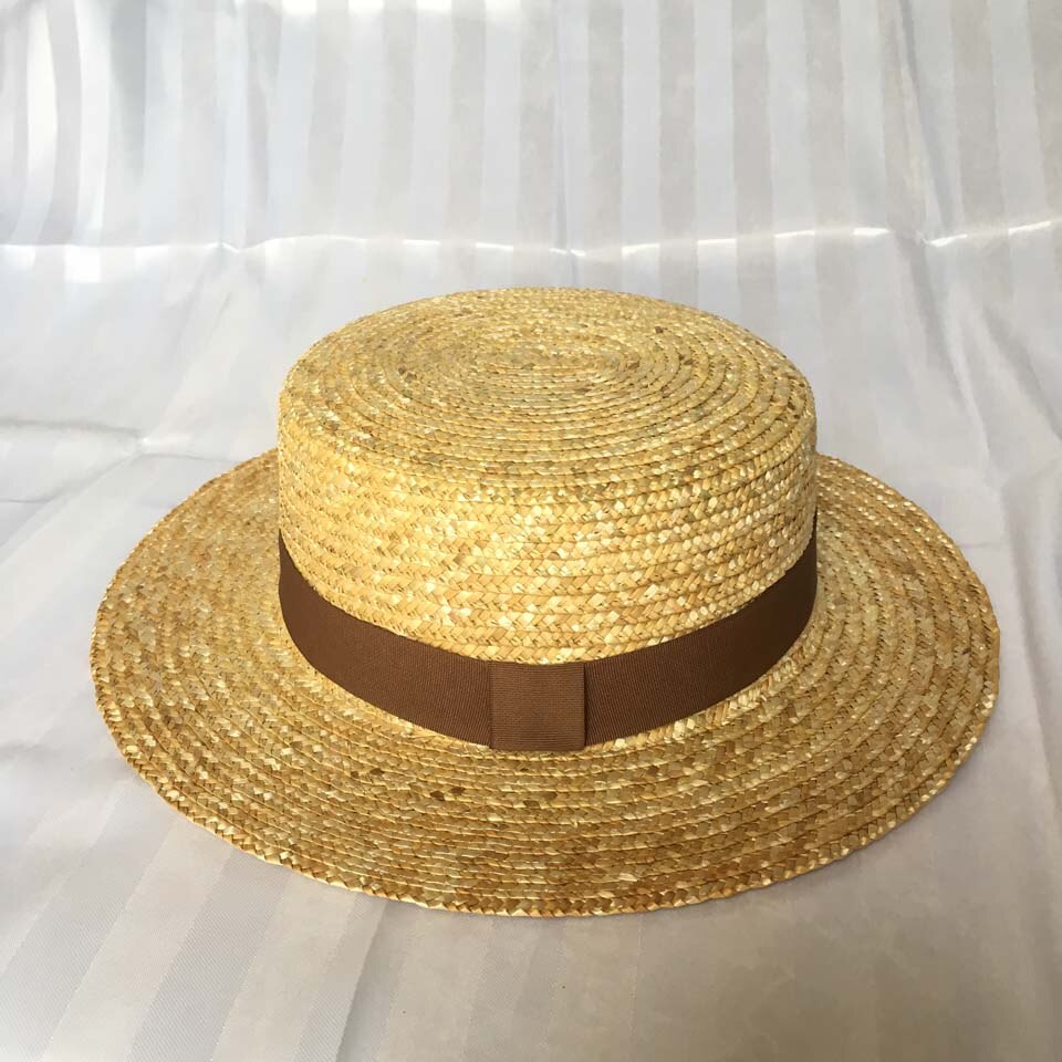 Sommer håndlavet naturlig hvede-halm solhat kvinder stråhat bred skygge flade top hatte mænd strand solide hætter solbeskyttelse chapeau: F0090-3 / M