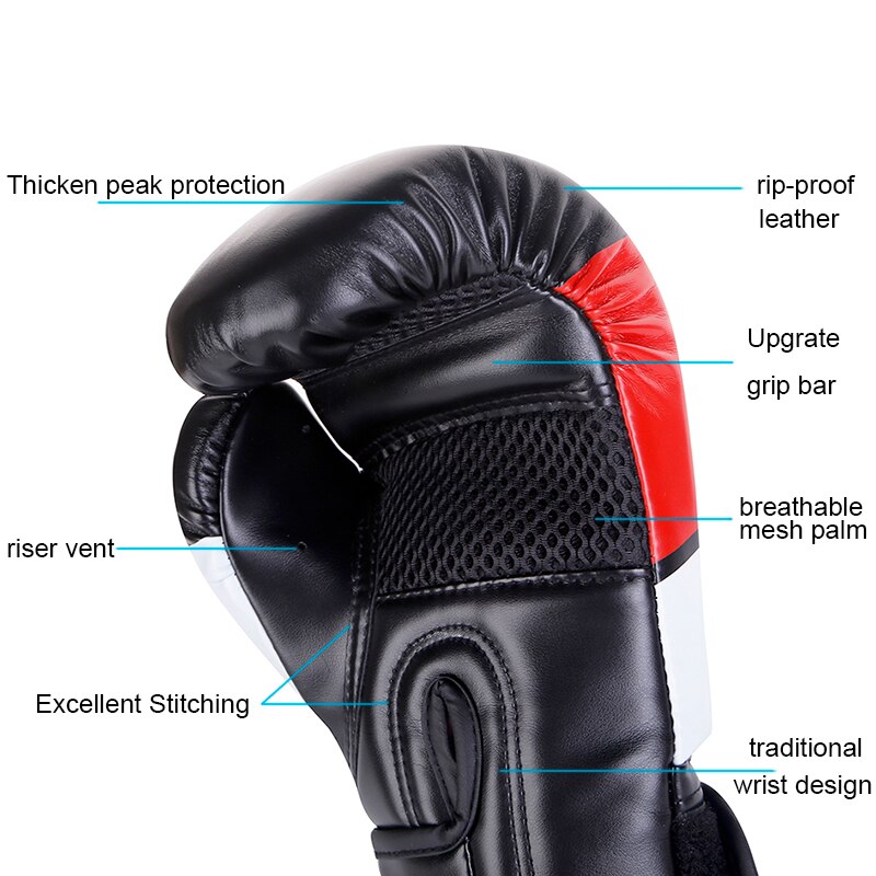 Gants de boxe en cuir synthétique, 6 8 10 12 14oz, pour entraînement au combat mma