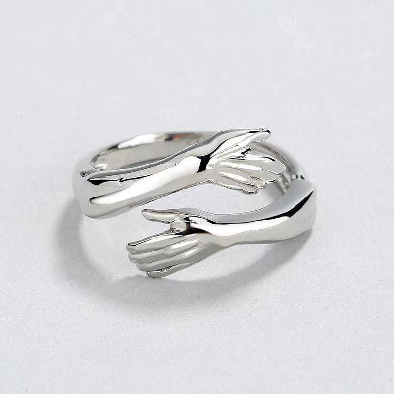 Anillo de Plata de Ley 925 para mujer, accesorio de oro de 18K con forma de abrazo, joyería fina, abierto, ajustable, antiguo: silver