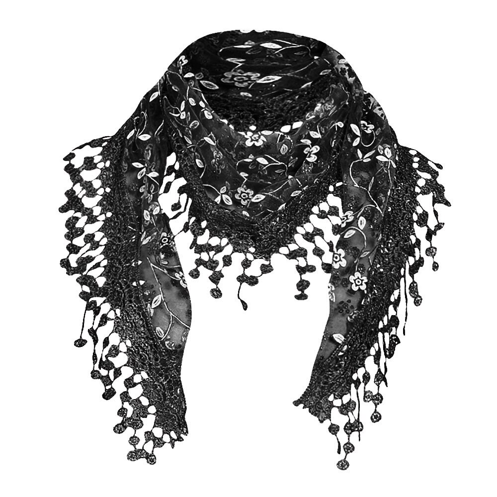 Dames kanten doorschijnende bloemensjaal, omslagdoek, kwastjessjaal, holle print, kanten sjaal met franjes, accessoires voor dames  #w5: Zwart 
