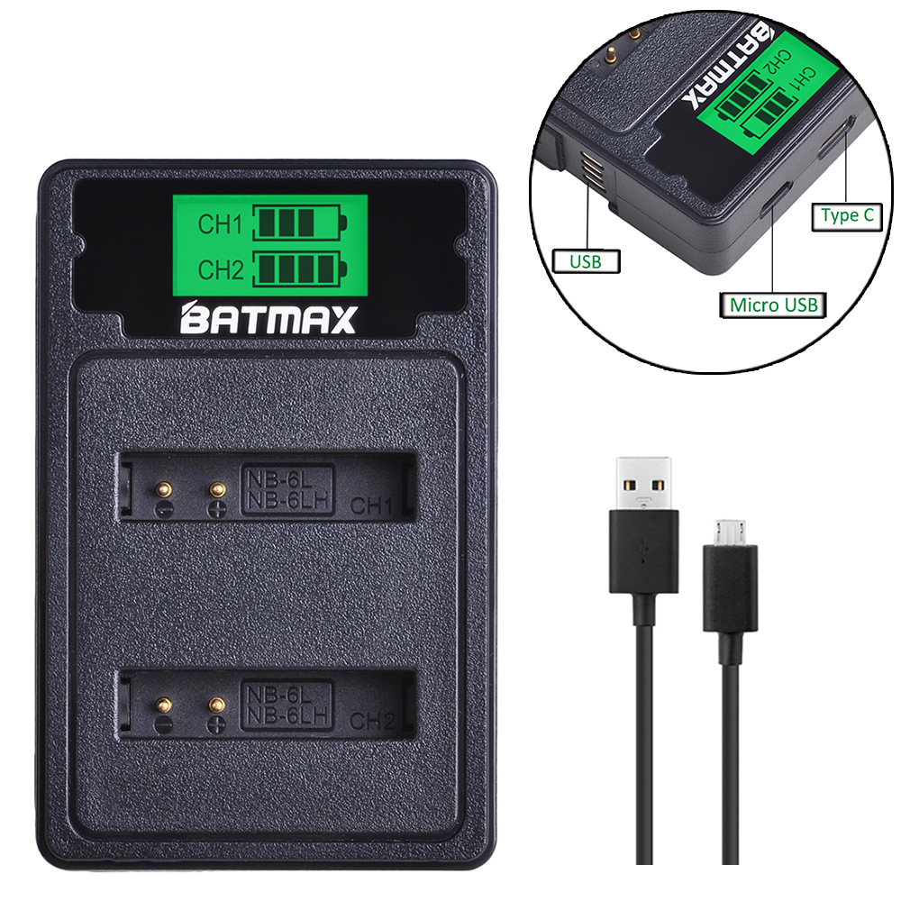 2Pcs NB-6LH NB-6L Battery + Charger Type C Port for Canon PowerShot D10 D20 D30 S95 SX260 SX280 SX540 SX700 SX710 HS Camera: Charger