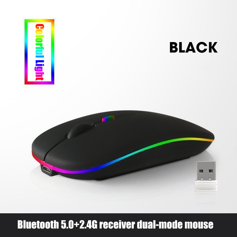 Bezprzewodowa mysz Bluetooth 5.0 2,4 GHz, z lampką USB z możliwością ładowania RGB, odpowiednia do laptopów, komputerów PC, Macbooków, myszy do gier 1600 dpi: Black