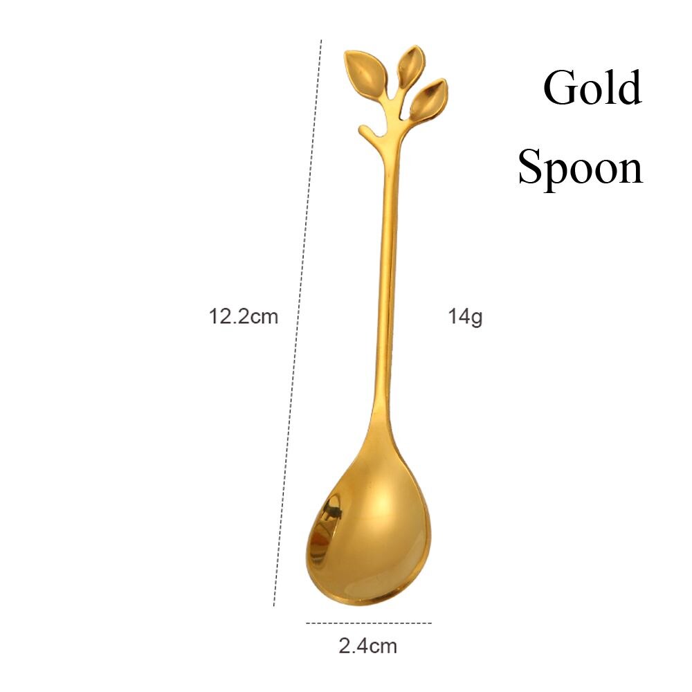Dessert Utensils Small Branches Leaf Home &amp; Kitchen Coffee Spoon Fruit Fork Upscale Dinnerware Tea Scoops: gold-Spoon