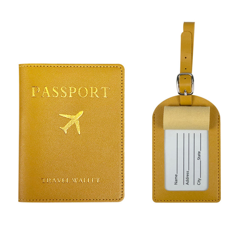 2Pcs/Set PU Travel Passport Cover Luggage Tag Suitcase Identifier Label Baggage Boarding Bag Tag Name ID Address Passport Holder: Yellow