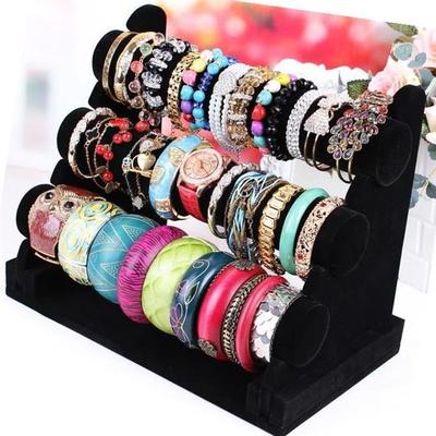 BUENOS Vintage PU Leather / Velvet T-Bar Rack Bracelet Chain Watch Jewelry Organizer Holder Jewelry Display Stand: black3