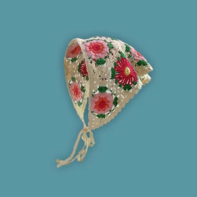 Fransk pastoral stil trekantet pandebånd håndlavet hæklet hovedtørklæde hue blomst jordbær strikket pandebånd piger pandebånd håndklæde: Himmelblå