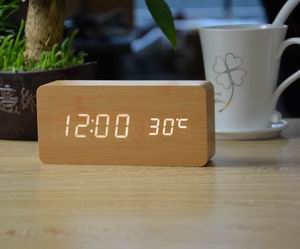 Mode Houten Wekkers Met Thermometer Eenvoudige Rechthoek Tafel Klokken Led Sound Control Desktop Decoratie Klok: bamboo white