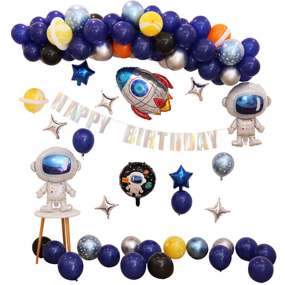 75PCS Outer Space Theme Birthday Party Decorations with Astronaut Spaceman Rocket Foil Balloons Banner Ribbon for Kids Boys