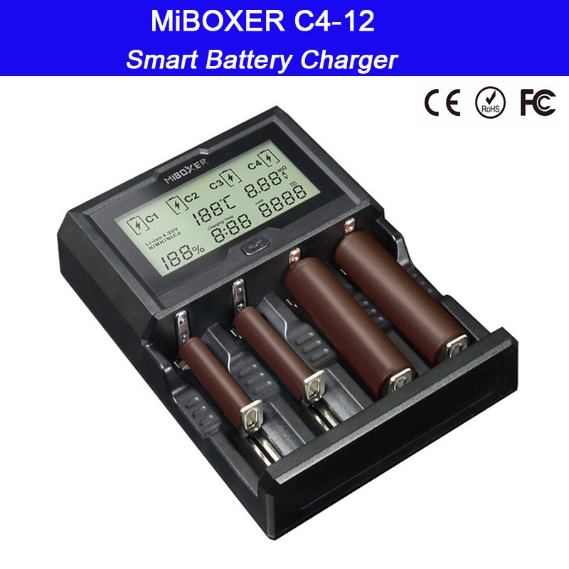 Miboxer  c4-12 12a 4 slots lcd-skærm smart batterioplader til li-ion/ni-mh/ni-cd/lifepo 4 18650 14500 26650 aaa aa batteri