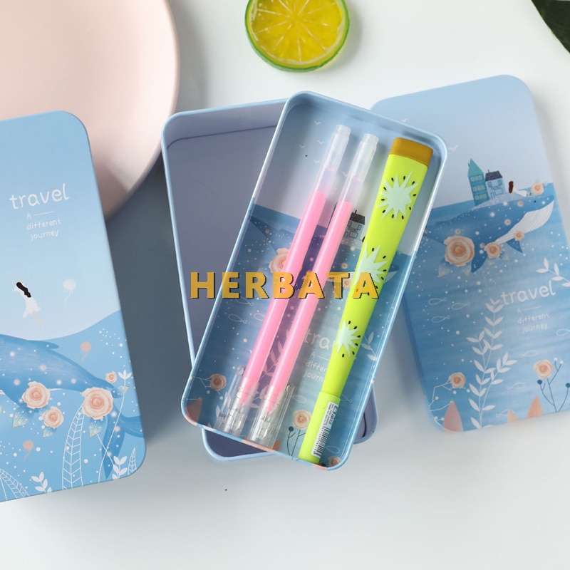 Student double deck storage box tin metal stationery estuche multifunction storage school supplies pencil case sea pen container