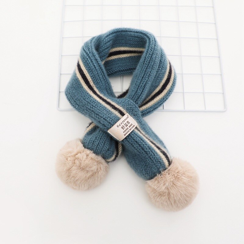 Wiosenne dziewczynki z miękkiej dzianiny szale z pomponami jesienno-zimowa nowe chłopięce dziewczęce kołnierze na szyję dla dzieci ciepłe dziecięce apaszki: niebieski w paski Scarf