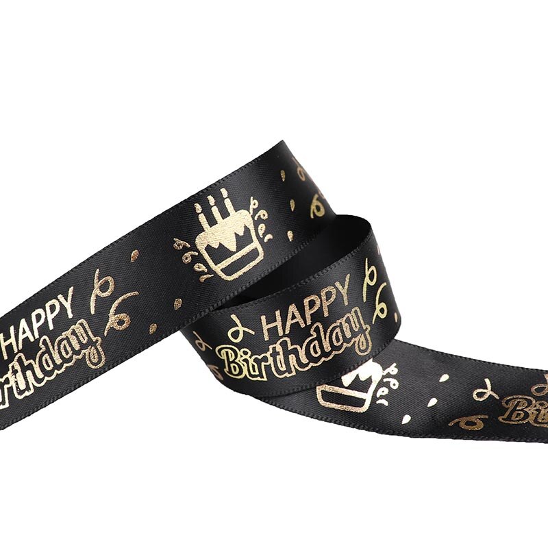 25mm Birthday Ribbon Happy Birthday Printed Satin Ribbon For Birthday Wrapping Birthday Party Decoration Accessories Ribbon: Black
