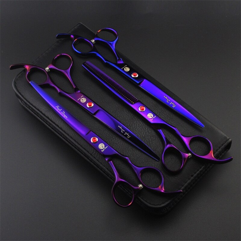 7.0 inch Professionele Huisdier Schaar Hond Verzorgen Schaar Set Straight &amp; Gebogen &amp; Dunner 4 stks Set Huisdier haircut Gereedschap: Purple  P-704