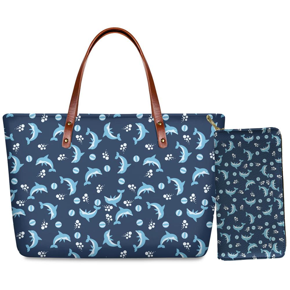 Twoheartsgirl oceaan dolfijn print handtas set portemonnee voor vrouwen neopreen dames handtassen met handgreep casual dames handtassen: Z6410al-z21