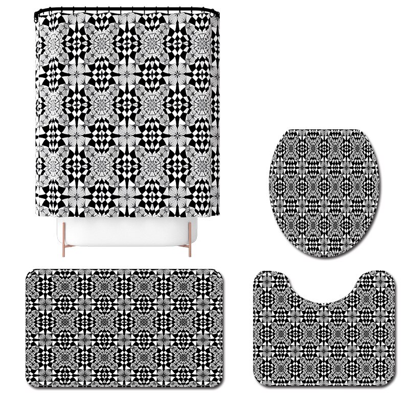 4 st vit svart blomma vattentät badrum duschdraperi geometriska halkfria badrum matta uppsättning toalett lock lock badmatta