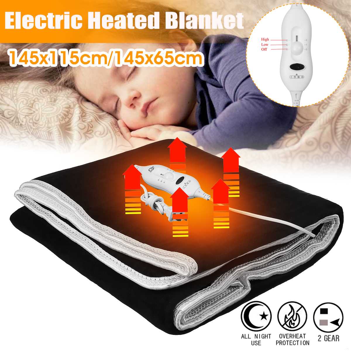 Sort elektrisk opvarmet tæppe 145 x 115cm/145 x 65cm soveværelse bløde sikkerheds tæpper varm varmelegeme seng termostat elektrisk madras
