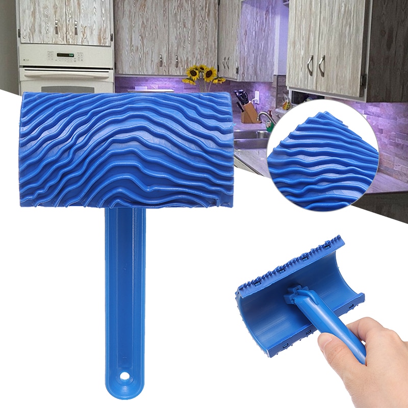 Blue Rubber Wood Grain Painting Roller Tool Wall Texture Painting Brush Roller With Detachable Handle For Wall DIY Decoration