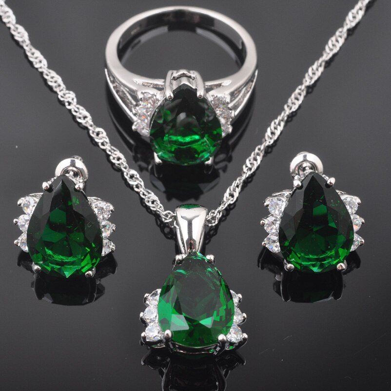 Bröllop kvinnors bröllop smycken set silver färg grön kristall ring halsband och örhängen set  qz0256
