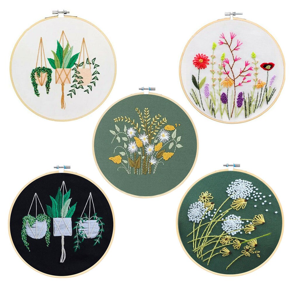 DIY Stamped Embroidery Starter Kit With Flowers Plants Pattern Embroidery Cloth Color Threads Tool Kit Handmade Embroidery
