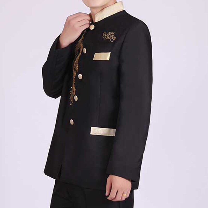 Túnica de estilo chino para hombre, chaqueta con bordado de dragón, cuello levantado dorado, traje de actuación de escenario, abrigo de un solo pecho