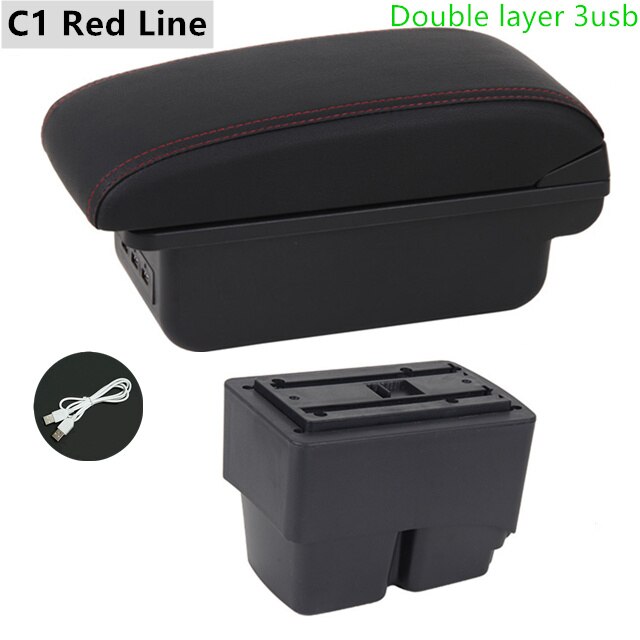 Armrest Box for Ford Fiesta Kaptur Leather Arm Rest Center Console Storage USB Car Accessory: C1 Red Line