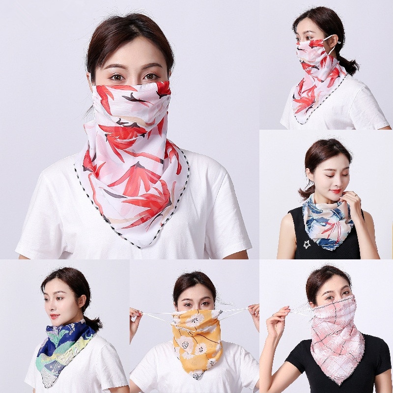 Frauen Chiffon Maske Schal Gesicht wickelt Blumen- drucken Dame Seide Hals Schals Foulard Bandana Sommer Sonne Masken Anti-staub schützen