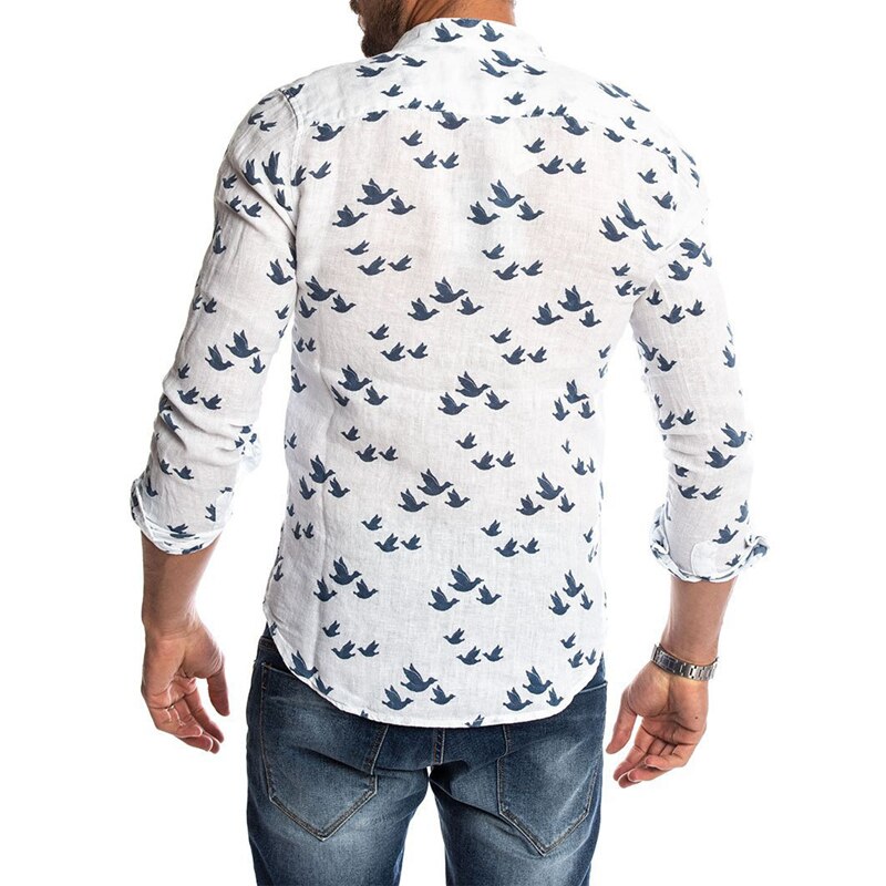 Bird Printed Linen Shirt For Women Casual Stand Collar Short Sleeve Summer Shirts White Male Blouse Men's Clothing