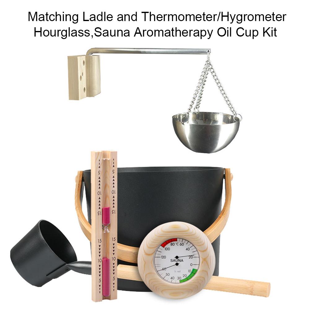 7l sauna spand sæt sauna tilbehør sæt sauna tilbehør sved værktøj, timeglas termometer / hygrometer aromaterapi olie kop