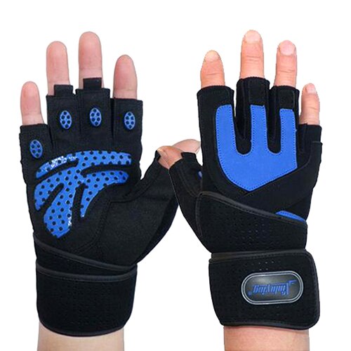 XINLUYING Gym Crossfit luva Fitness Gloves Long Wrist Belt Body Building powerlifting equipment Gloves Barbell Dumbbell pull: Black-Blue / L