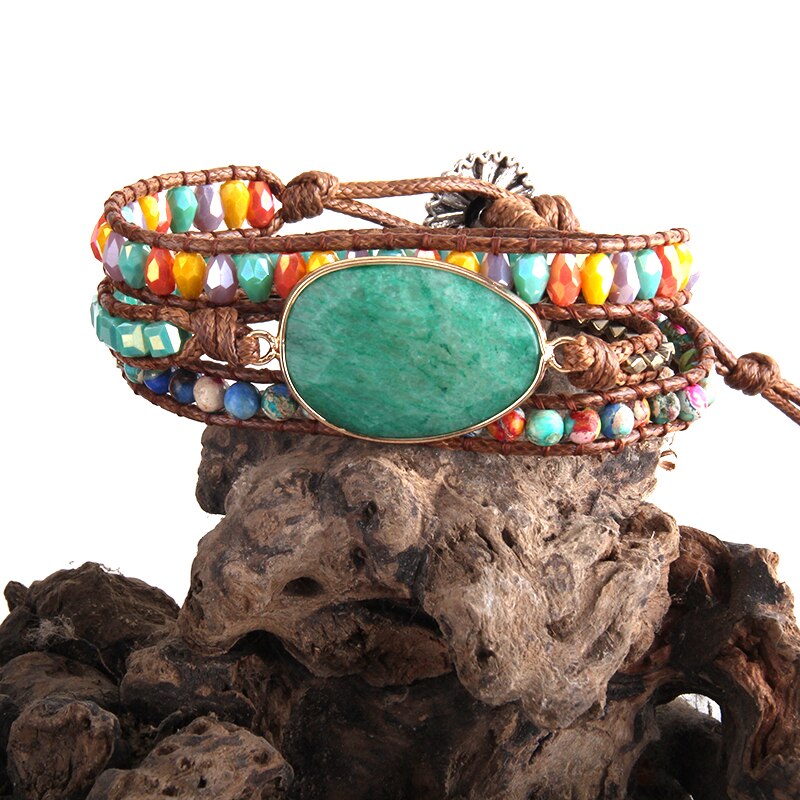 Rh Mode Kralen Armbander Groen/Paars Natuurlijke Stenen Charm 3 Strengen Lederen Wrap Armbanden