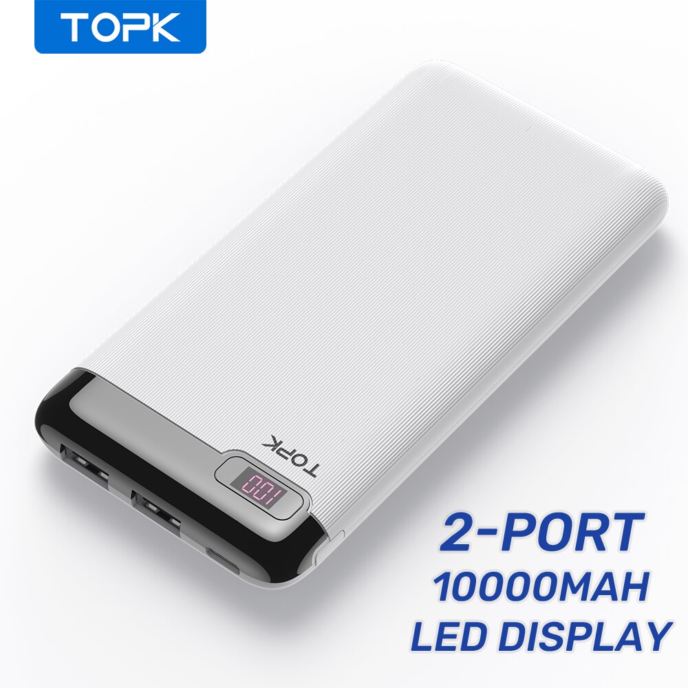 Chargeur portatif de puissance de TOPK 10000mAh LED batterie externe Powerbank pour l'iphone Xiaomi Mi: White