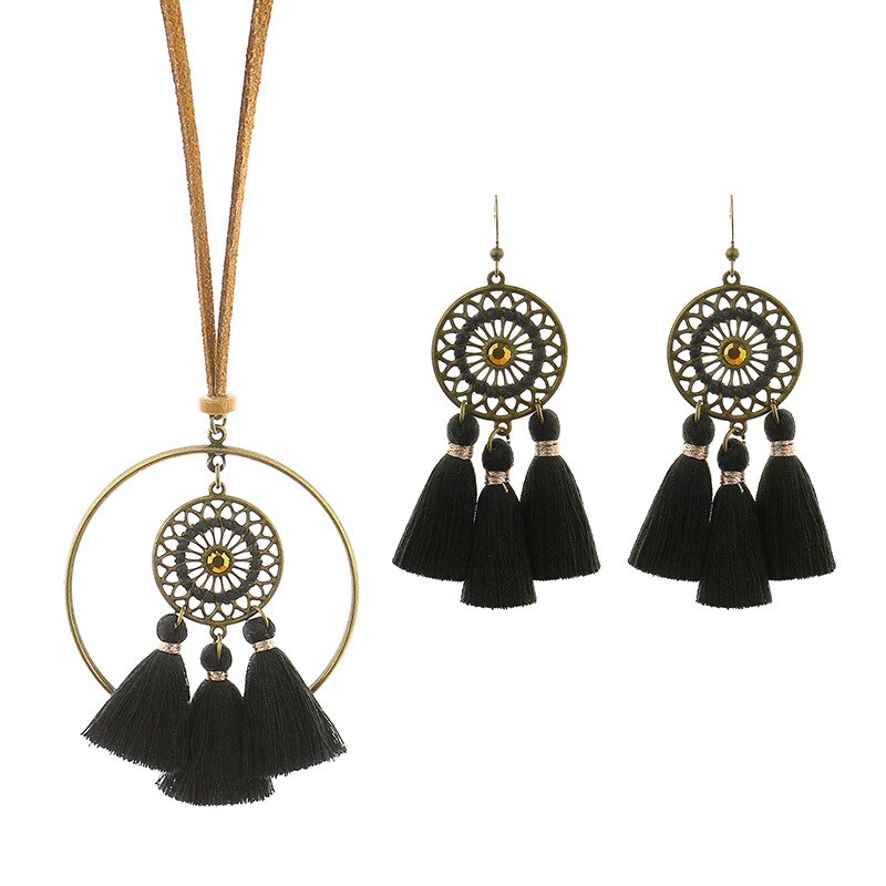 3 -delad tofs örhängen halsband set bohemisk etnisk stil handgjorda rep urholkade örhängen långt halsband set: B2185-3