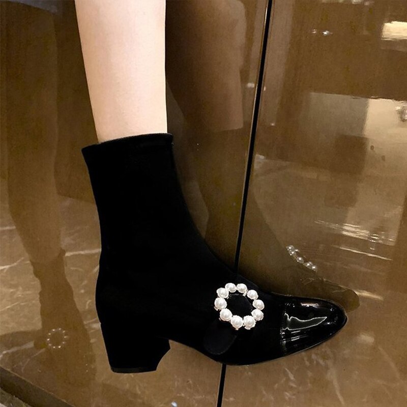 Vrouw Vrouwelijke Rits Parels Bloem Midden Hakken Wees Teen Winter Dames Schoenen Vrouwen Schoenen Mid-Kalf laarzen