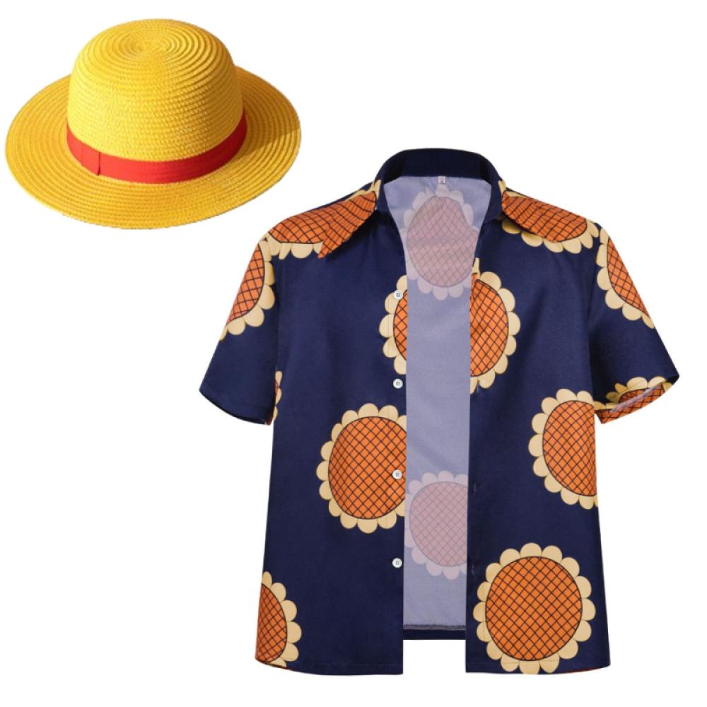 Hommes Anime Luffy Cosplay chemise été tournesol imprimé bleu haut décontracté T-Shirt Halloween fête singe D Luffy chapeau de paille chemise costume: XXL / Bleu
